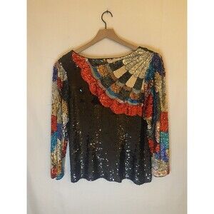 Vtg Xian 100% Silk Sequin Beaded Colorful Blouse Open Back Glam Disco Party Sz M